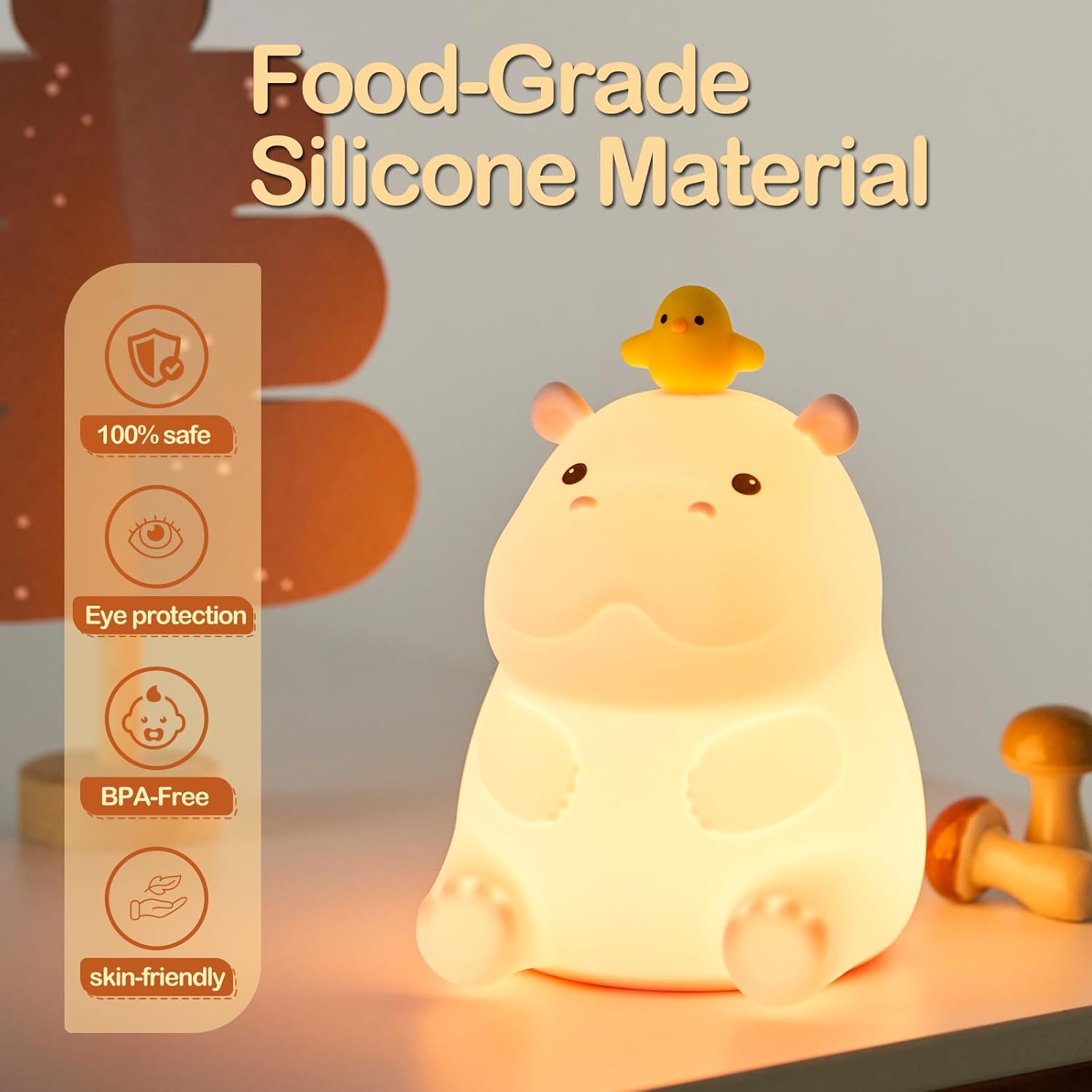 Cute Hippo Night Light with Little Duck, Food-Grade Silicone LED Squishy Animal Lamp, 2-Level Dimmable Nursery Nightlight for Desk Decor, Funny Gift for Kids, Boys & Girls