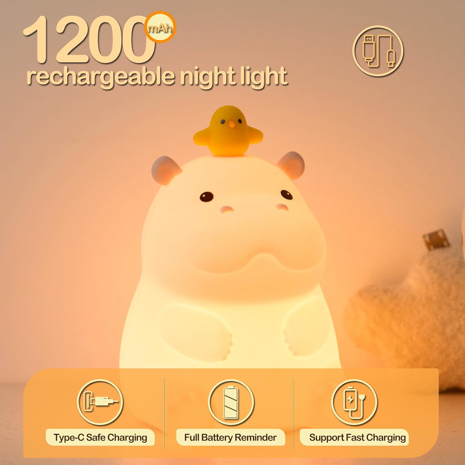 Cute Hippo Night Light with Little Duck, Food-Grade Silicone LED Squishy Animal Lamp, 2-Level Dimmable Nursery Nightlight for Desk Decor, Funny Gift for Kids, Boys & Girls