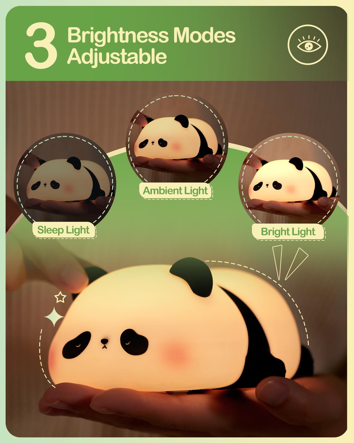 Squishy Panda Silicone Night Light, 3-Level Dimmable LED Nursery Lamp