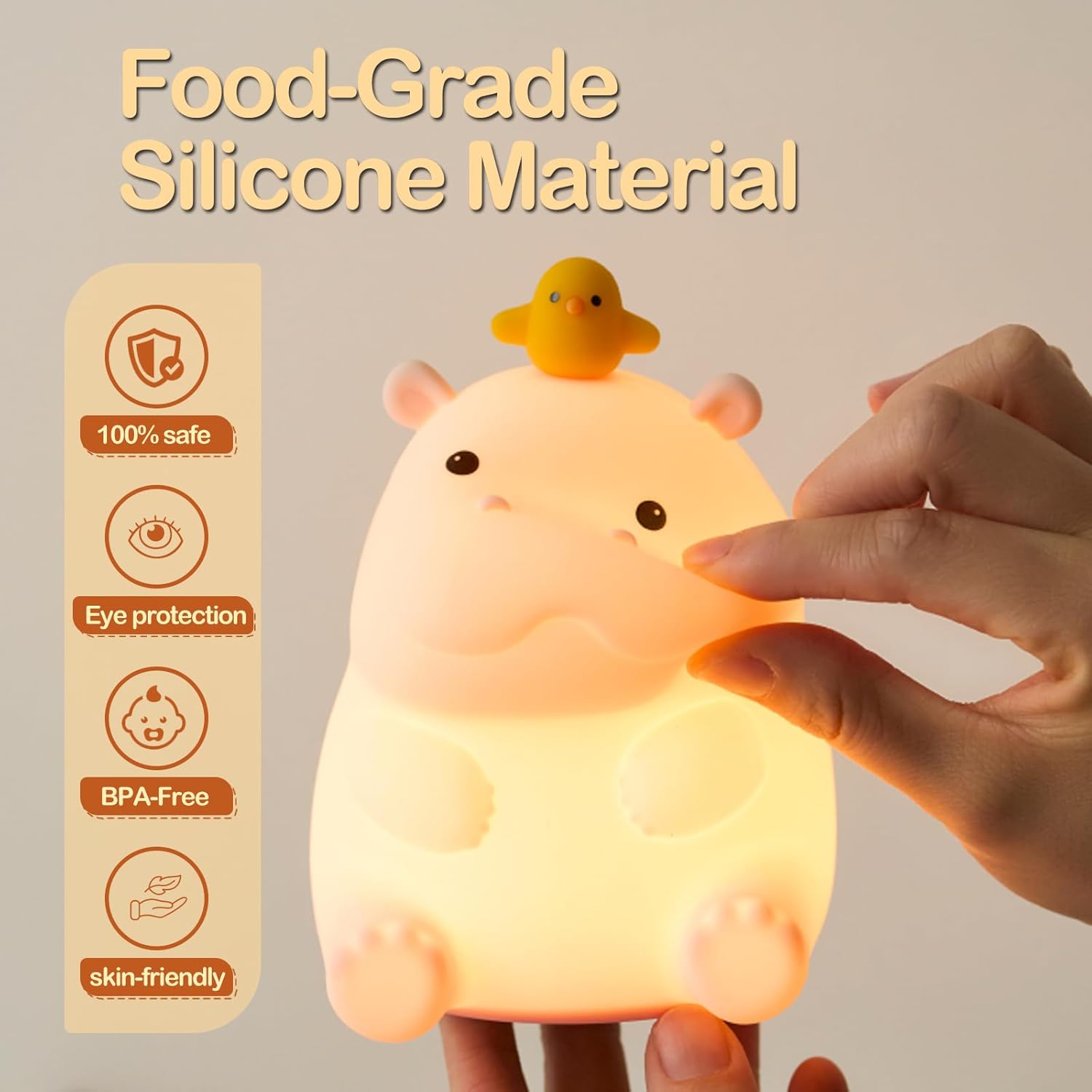 Cute Hippo Night Light with Little Duck, Food-Grade Silicone LED Squishy Animal Lamp, 2-Level Dimmable Nursery Nightlight for Desk Decor, Funny Gift for Kids, Boys & Girls