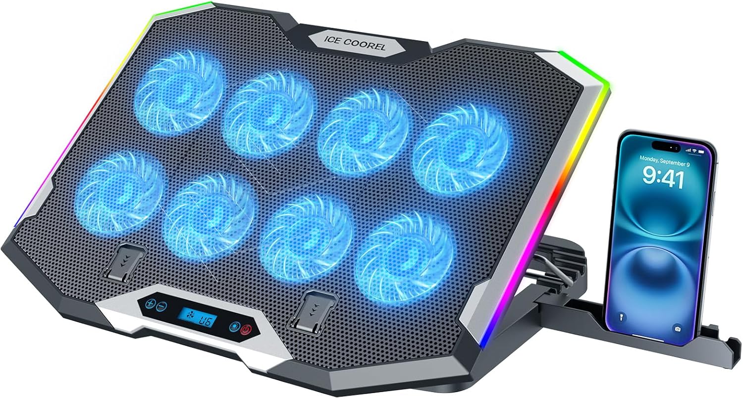 ICE COOREL Gaming Laptop Cooling Pad with 8 Fans, RGB Laptop Cooler Stand for 15-17.3 Inch, 6 Height Adjustable with Dual USB Ports & Phone Holder