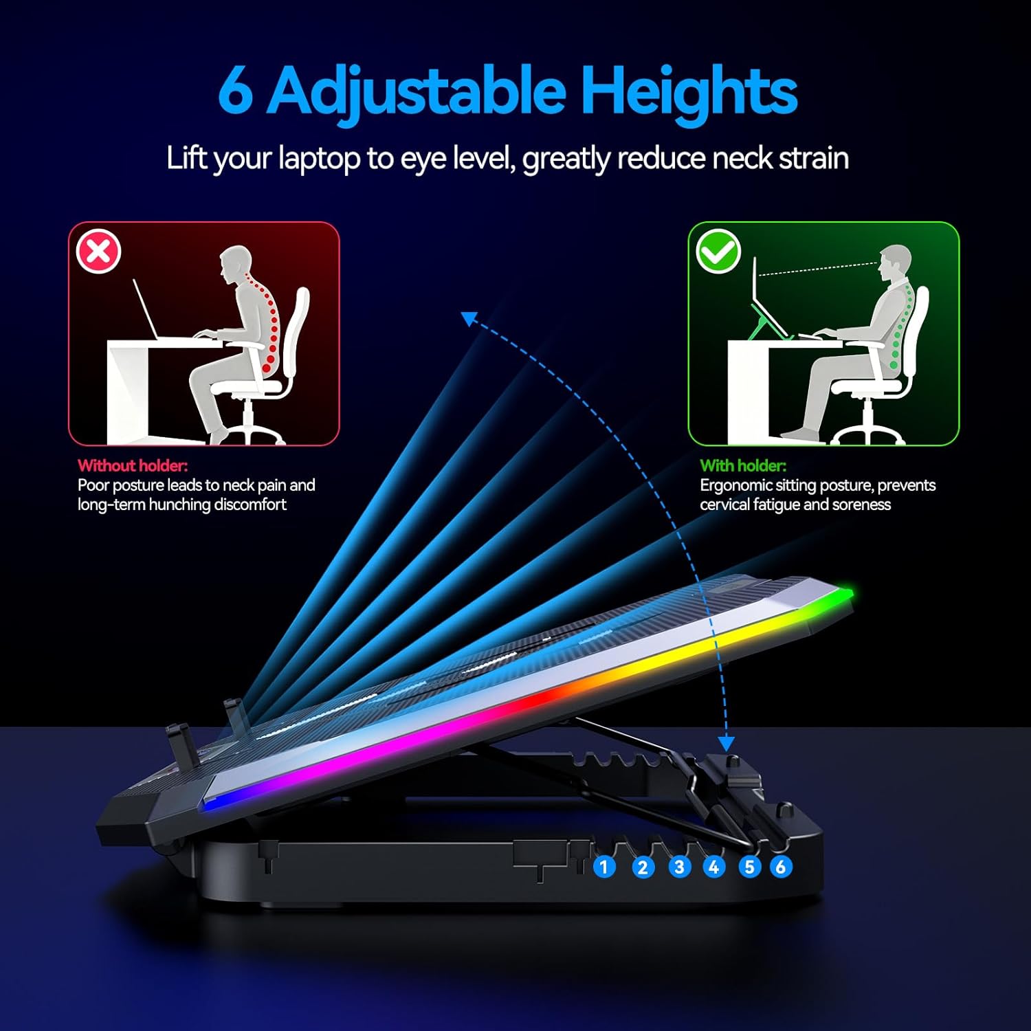 ICE COOREL Gaming Laptop Cooling Pad with 8 Fans, RGB Laptop Cooler Stand for 15-17.3 Inch, 6 Height Adjustable with Dual USB Ports & Phone Holder