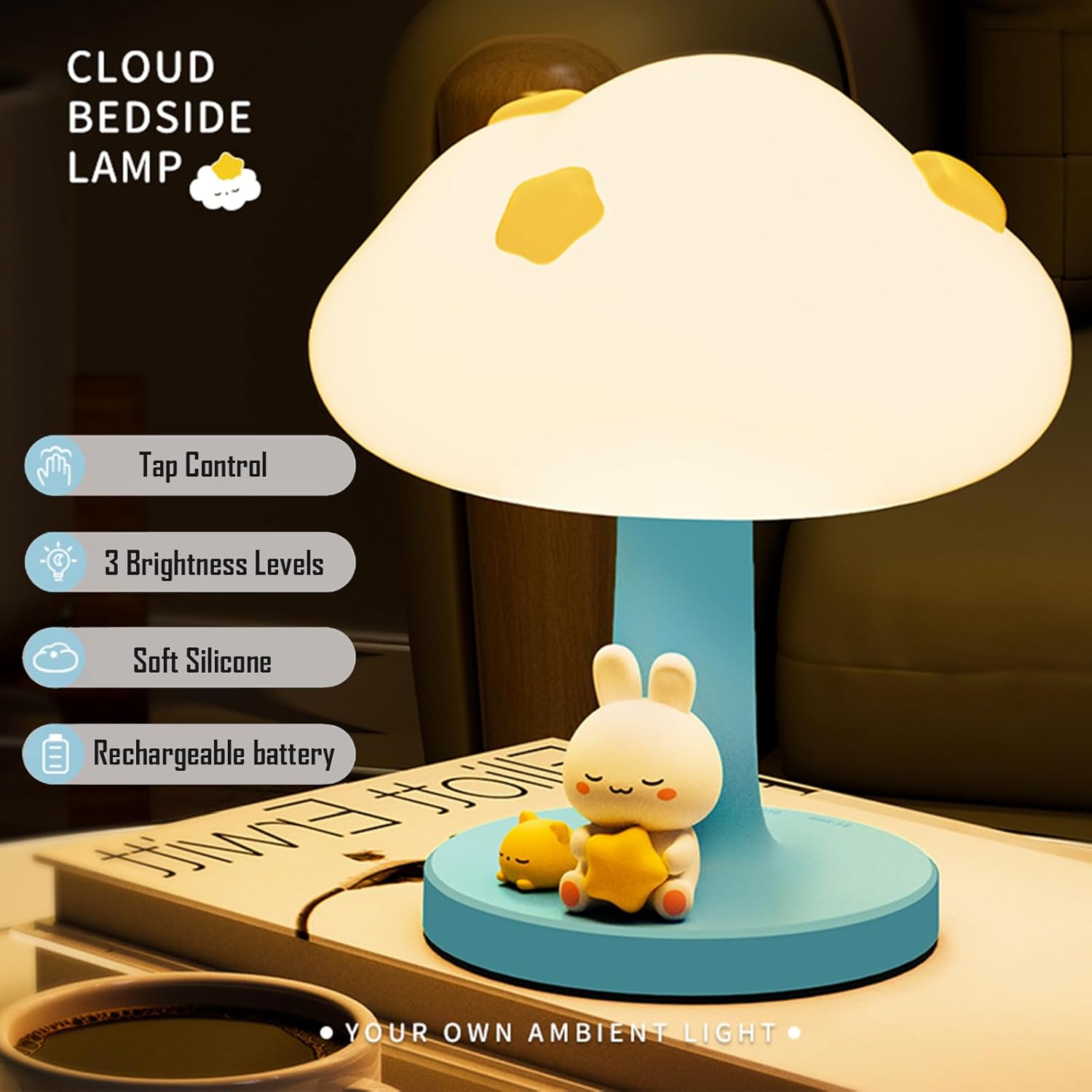 Cloud & Bunny Tap Control Silicone Night Light, 3 Brightness Rechargeable Lamp