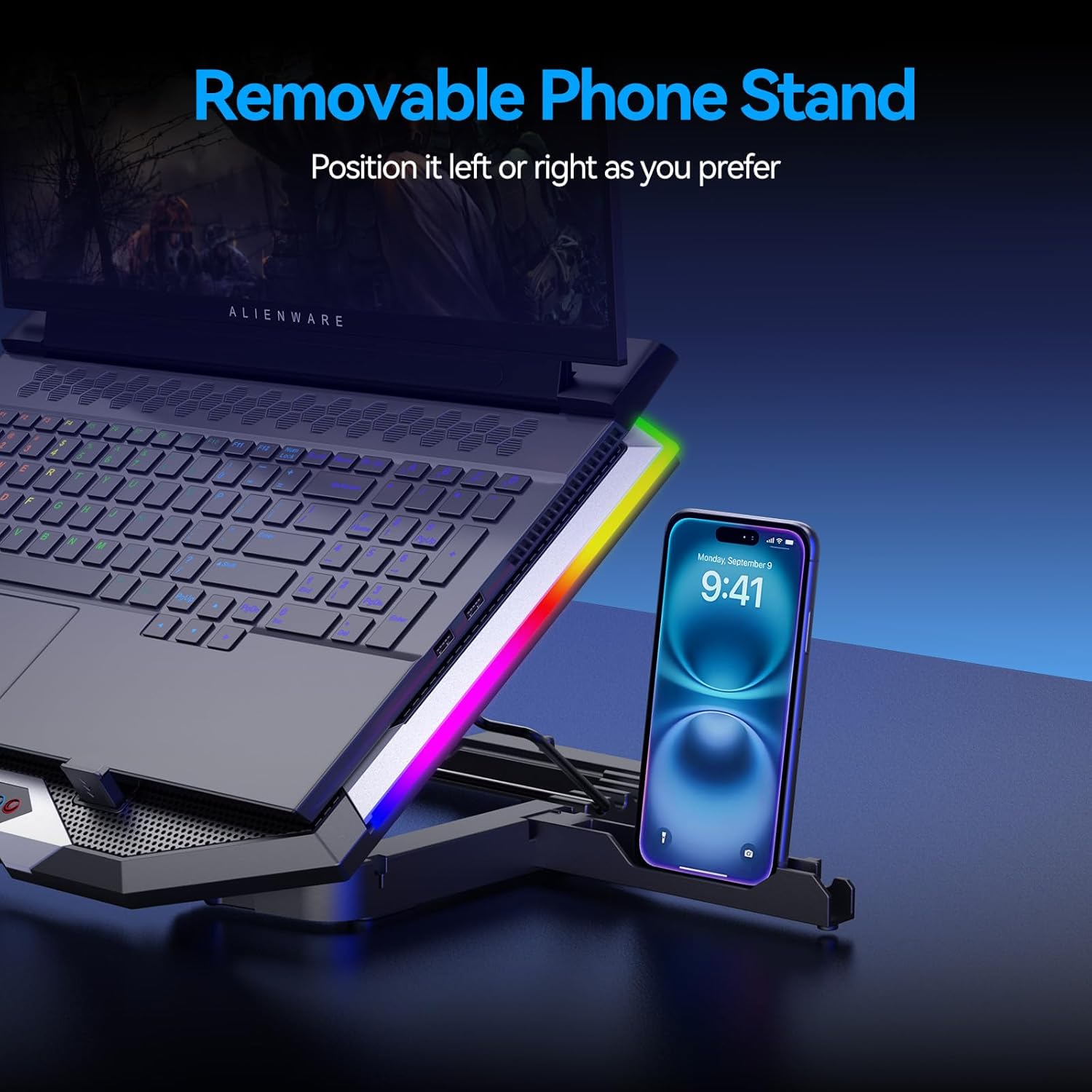 ICE COOREL Gaming Laptop Cooling Pad with 8 Fans, RGB Laptop Cooler Stand for 15-17.3 Inch, 6 Height Adjustable with Dual USB Ports & Phone Holder