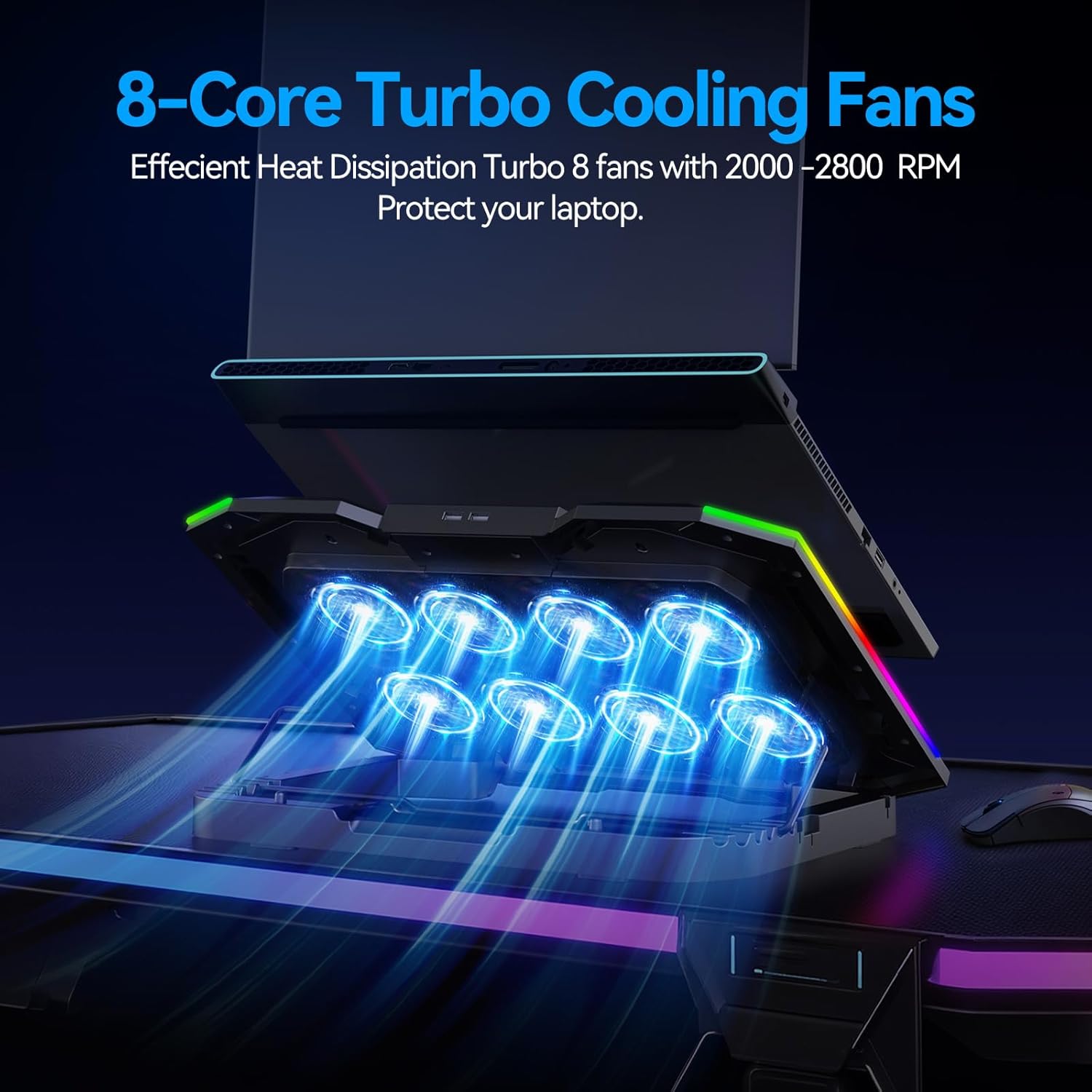ICE COOREL Gaming Laptop Cooling Pad with 8 Fans, RGB Laptop Cooler Stand for 15-17.3 Inch, 6 Height Adjustable with Dual USB Ports & Phone Holder