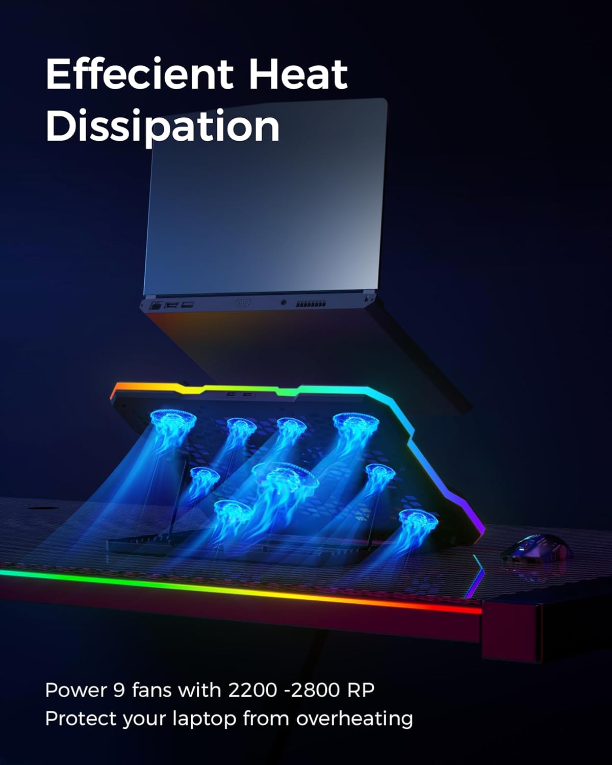 9-Fan RGB Laptop Cooling Pad, Adjustable Height Gaming Cooler with 2 USB Ports