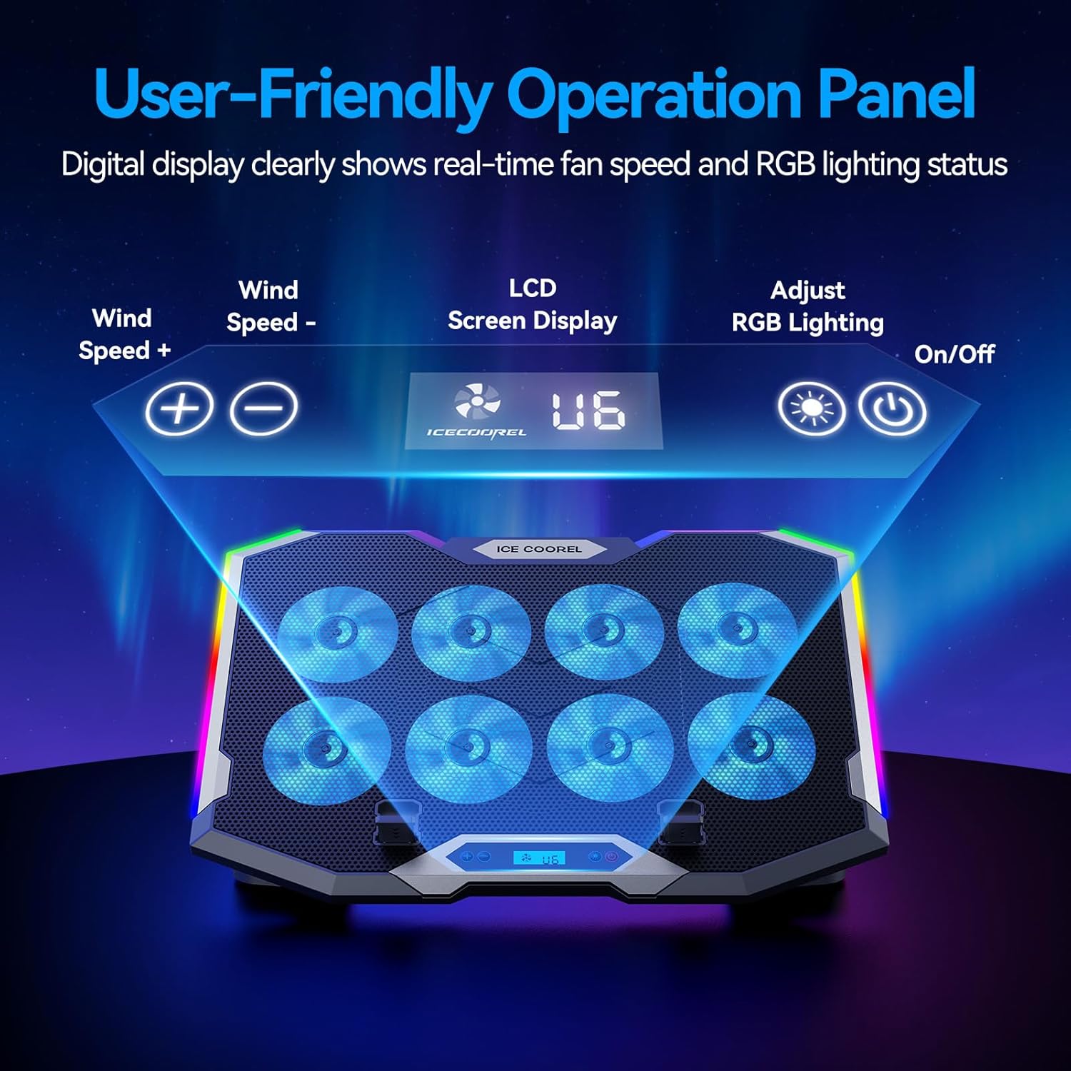 ICE COOREL Gaming Laptop Cooling Pad with 8 Fans, RGB Laptop Cooler Stand for 15-17.3 Inch, 6 Height Adjustable with Dual USB Ports & Phone Holder