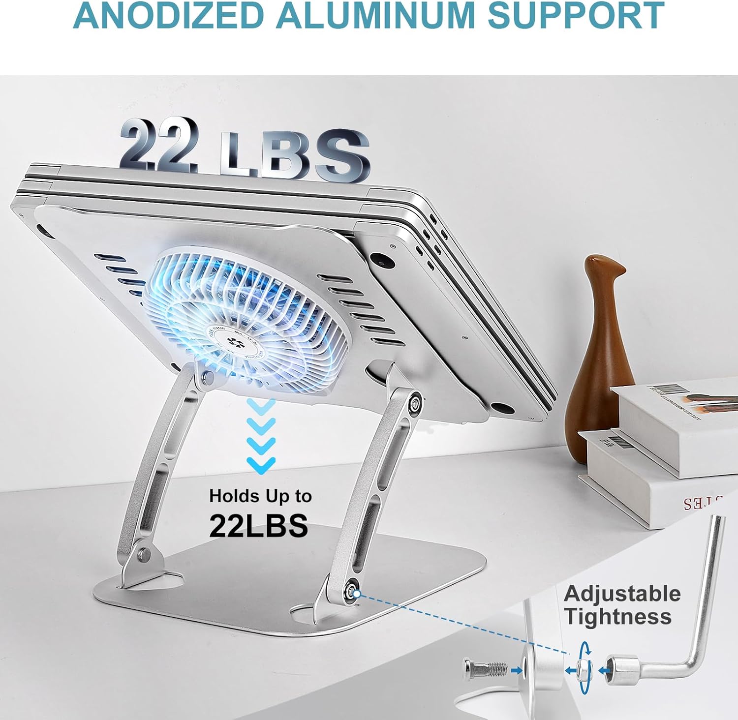 Adjustable Aluminum Laptop Cooling Stand with 3-Speed Fan, Ergonomic Laptop Stand for Desk, Cooling Pad for 10-15" Notebooks