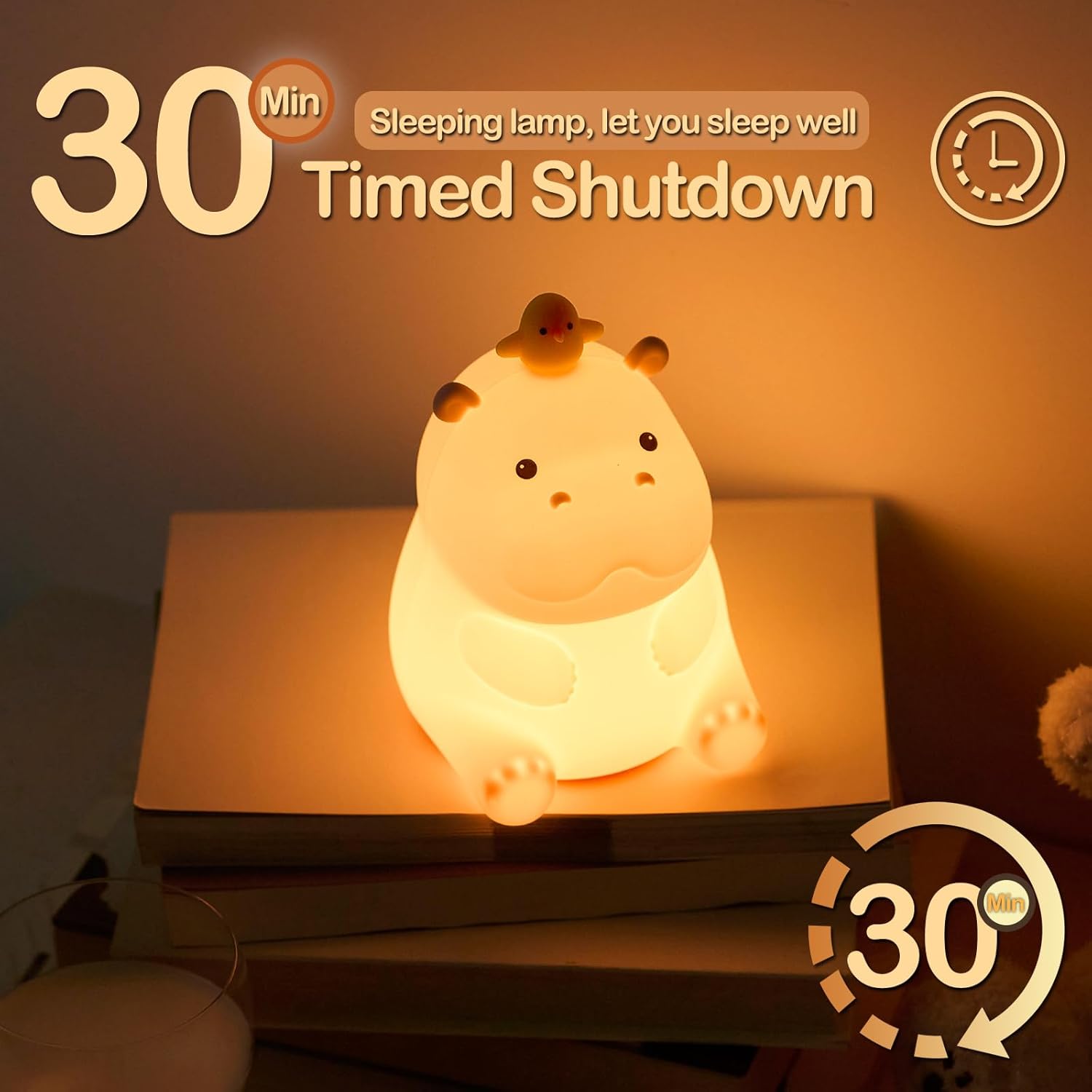 Cute Hippo Night Light with Little Duck, Food-Grade Silicone LED Squishy Animal Lamp, 2-Level Dimmable Nursery Nightlight for Desk Decor, Funny Gift for Kids, Boys & Girls