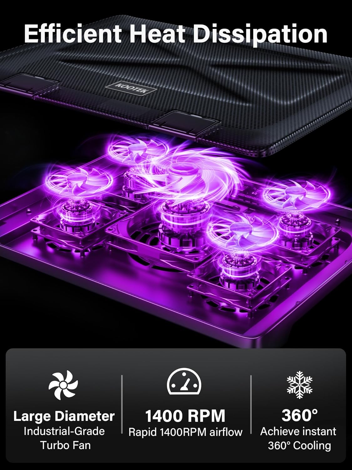 5-Fan Laptop Cooling Pad with Purple LED, Adjustable Height for 12"-17" Laptops