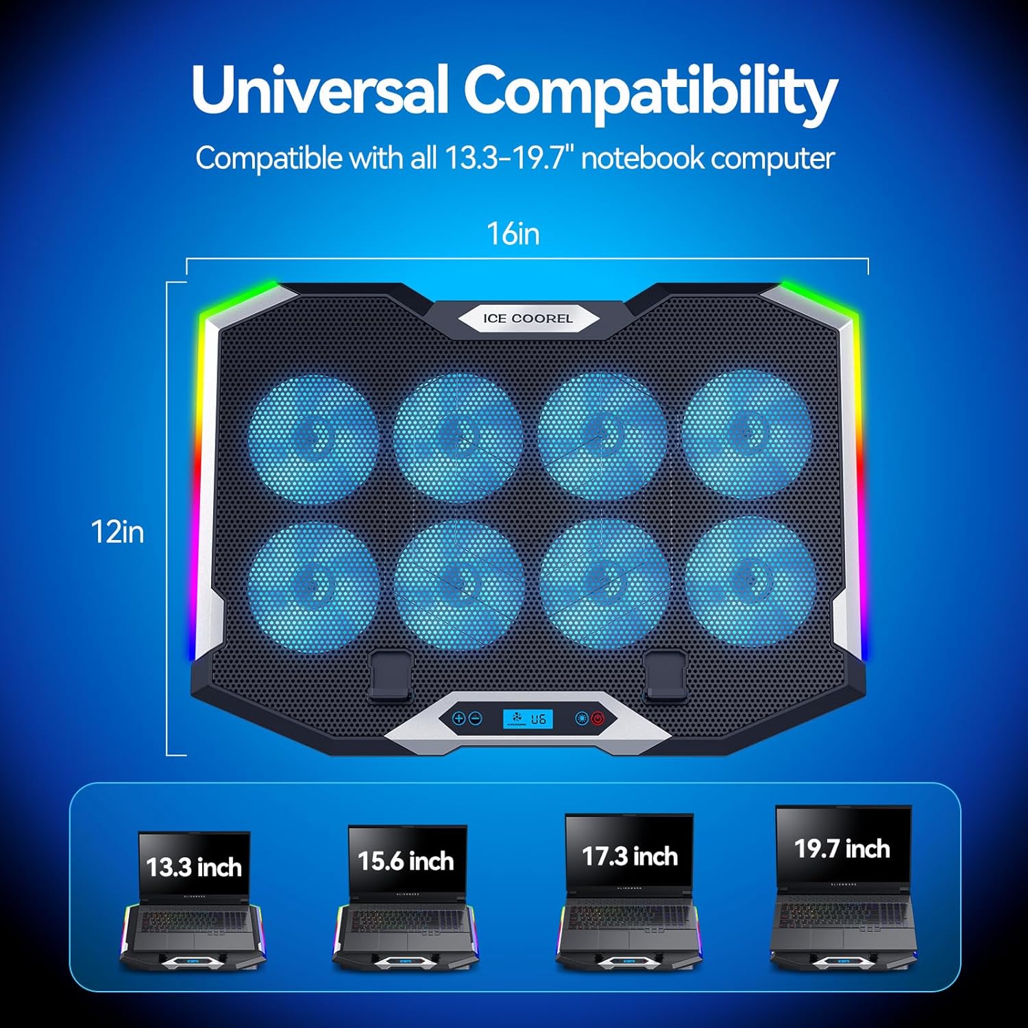 ICE COOREL Gaming Laptop Cooling Pad with 8 Fans, RGB Laptop Cooler Stand for 15-17.3 Inch, 6 Height Adjustable with Dual USB Ports & Phone Holder