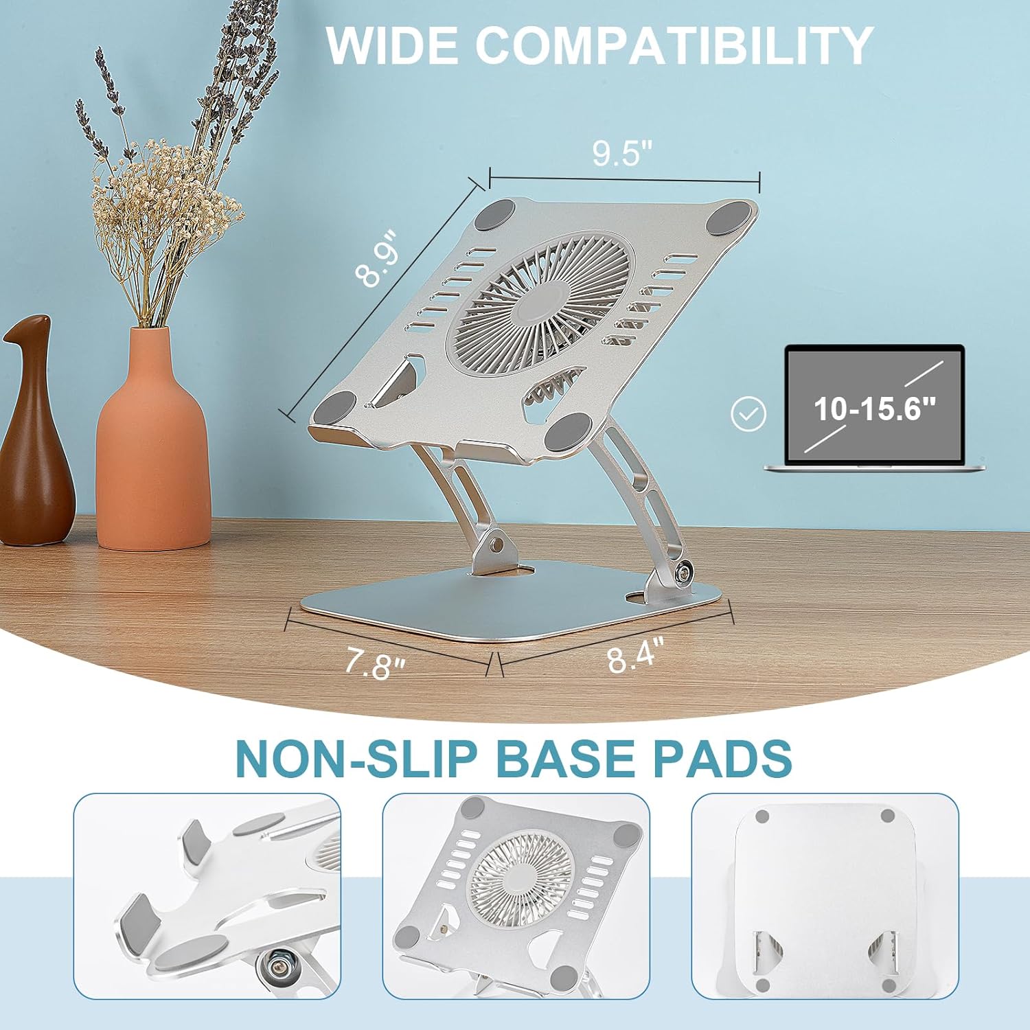 Adjustable Aluminum Laptop Cooling Stand with 3-Speed Fan, Ergonomic Laptop Stand for Desk, Cooling Pad for 10-15" Notebooks