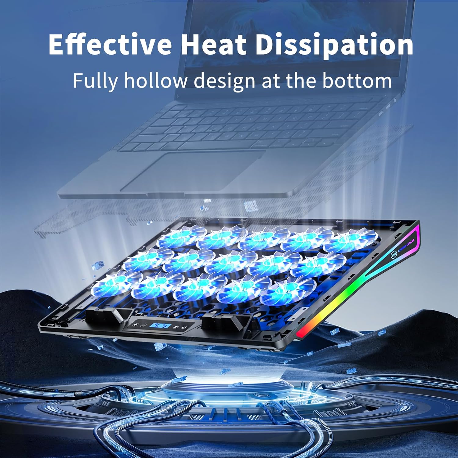 15-Fan RGB Gaming Laptop Cooling Pad with Adjustable Height & USB Ports